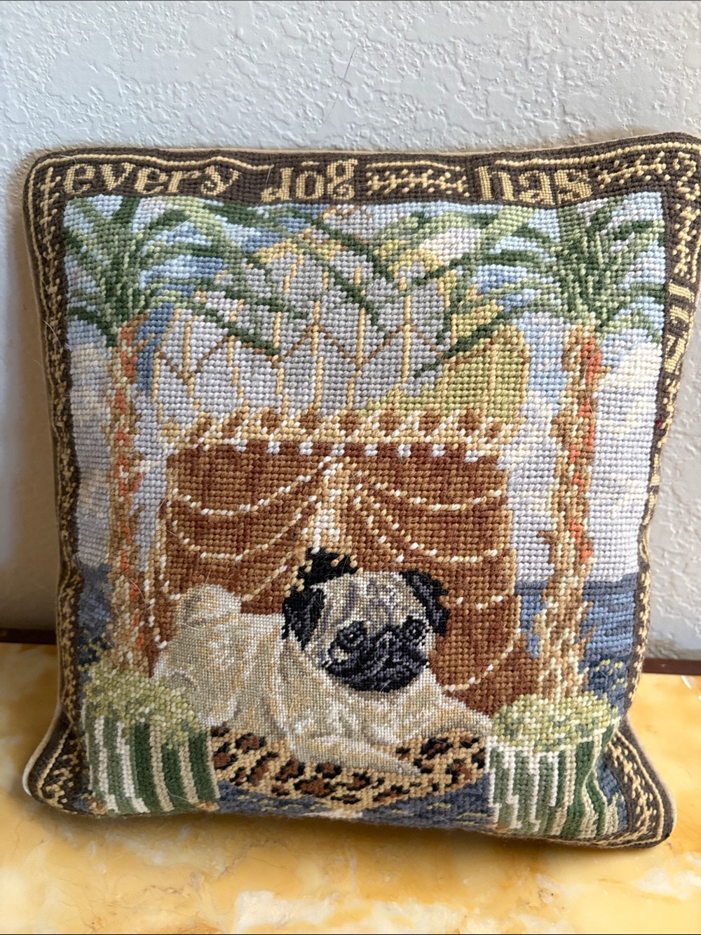 Needlepoint Handmade  Pug Dog Pillow " Every Dog 🐶 Its Day" w/ Velvet Backing! 🐕